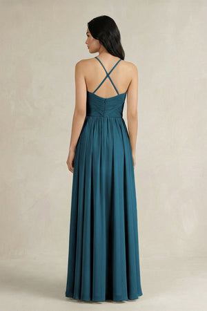 A - Line Pleated Spaghetti Strap Chiffon Bridesmaid Dress in Dark Teal - KissProm Bridesmaid Dresses