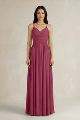 A - Line Pleated Spaghetti Strap Chiffon Bridesmaid Dress in Desert Rose - KissProm Bridesmaid Dresses