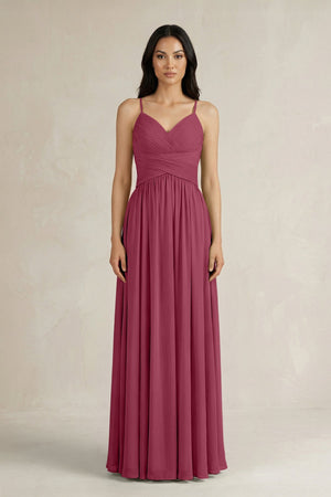 A - Line Pleated Spaghetti Strap Chiffon Bridesmaid Dress in Desert Rose - KissProm Bridesmaid Dresses