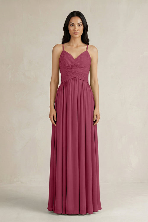 A - Line Pleated Spaghetti Strap Chiffon Bridesmaid Dress in Desert Rose - KissProm Bridesmaid Dresses