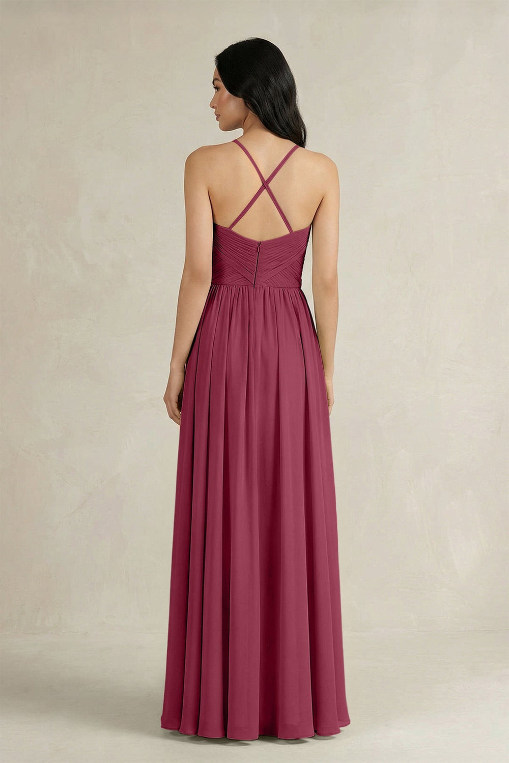 A - Line Pleated Spaghetti Strap Chiffon Bridesmaid Dress in Desert Rose - KissProm Bridesmaid Dresses