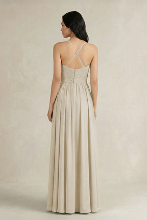 A - Line Pleated Spaghetti Strap Chiffon Bridesmaid Dress in Dove Gray - KissProm Bridesmaid Dresses
