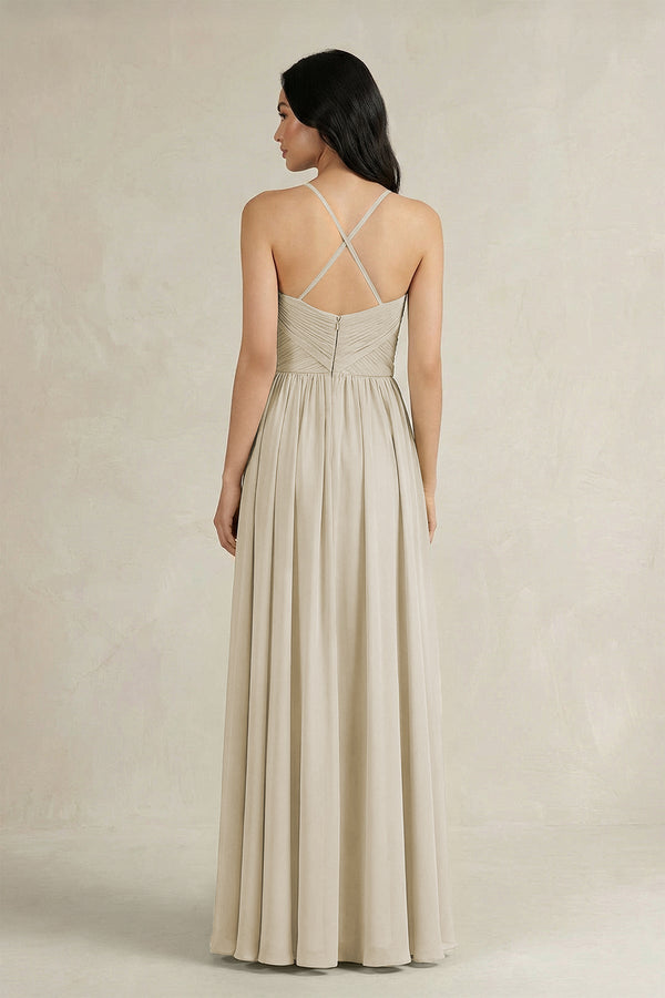A - Line Pleated Spaghetti Strap Chiffon Bridesmaid Dress in Dove Gray - KissProm Bridesmaid Dresses