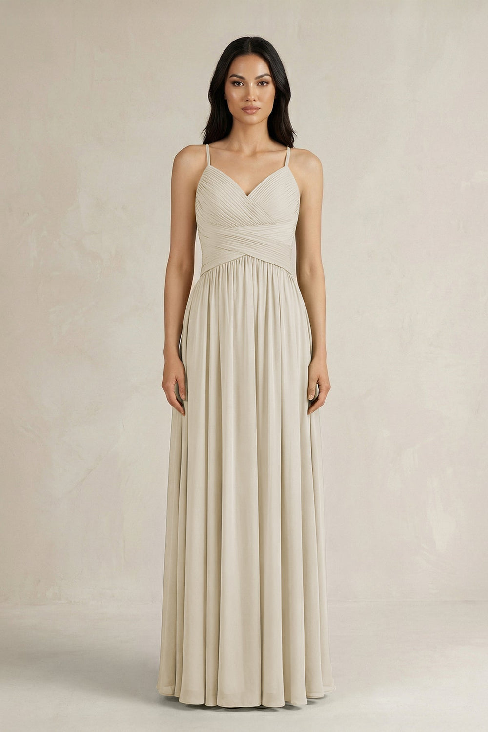 A - Line Pleated Spaghetti Strap Chiffon Bridesmaid Dress in Dove Gray - KissProm Bridesmaid Dresses