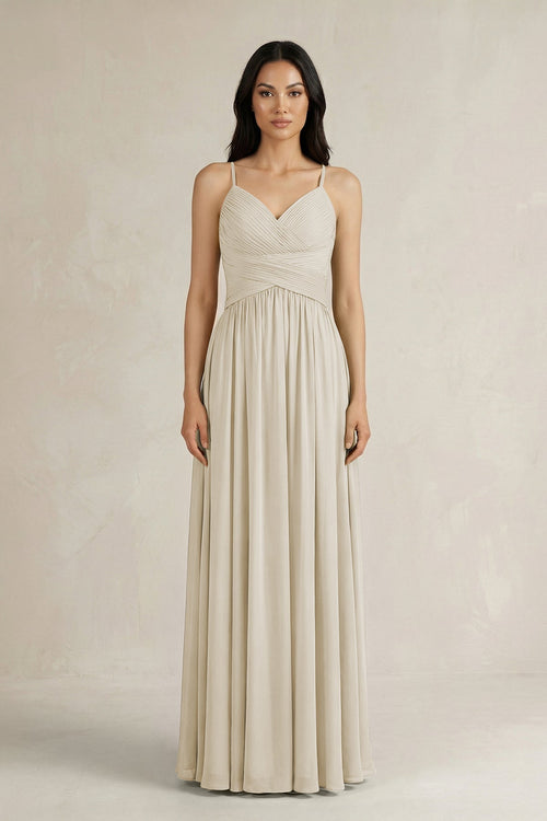 A - Line Pleated Spaghetti Strap Chiffon Bridesmaid Dress in Dove Gray - KissProm Bridesmaid Dresses