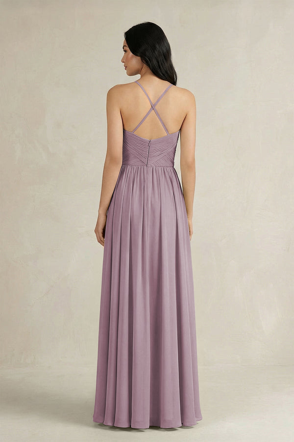 A - Line Pleated Spaghetti Strap Chiffon Bridesmaid Dress in Dusk - KissProm Bridesmaid Dresses