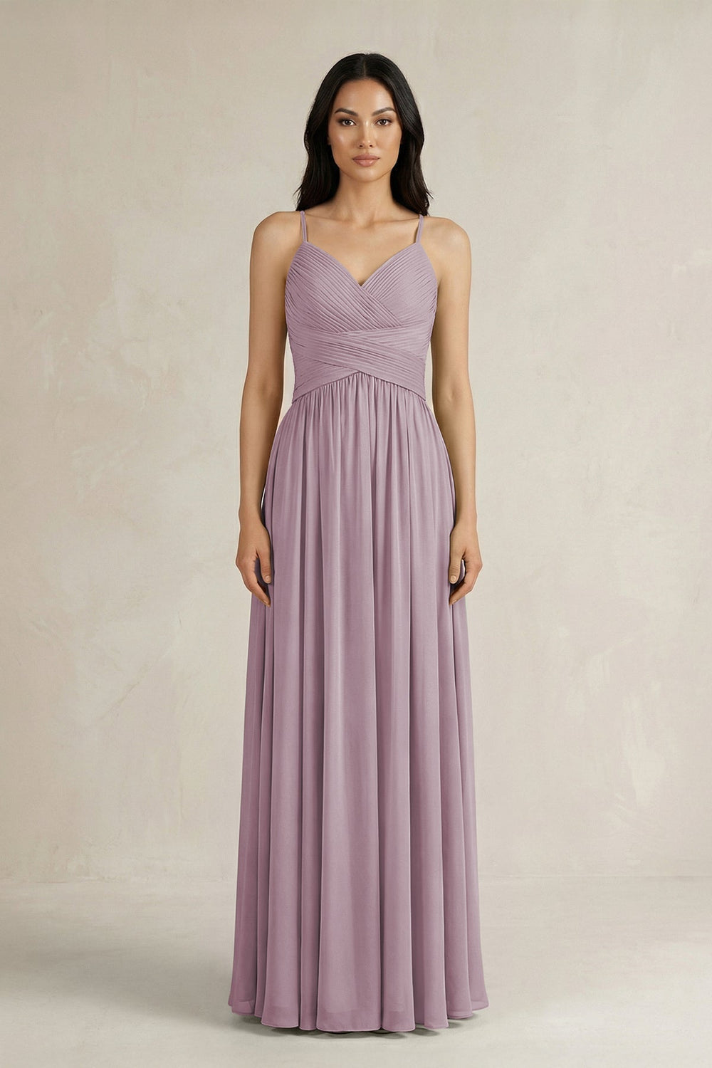 A - Line Pleated Spaghetti Strap Chiffon Bridesmaid Dress in Dusk - KissProm Bridesmaid Dresses