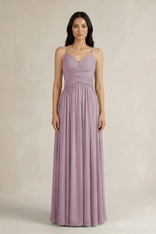 A - Line Pleated Spaghetti Strap Chiffon Bridesmaid Dress in Dusk - KissProm Bridesmaid Dresses