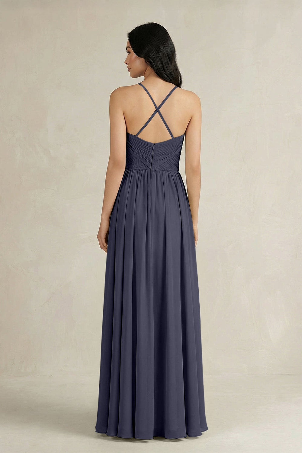 A - Line Pleated Spaghetti Strap Chiffon Bridesmaid Dress in Dusk Blue - KissProm Bridesmaid Dresses