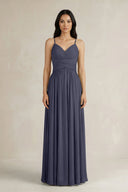 A - Line Pleated Spaghetti Strap Chiffon Bridesmaid Dress in Dusk Blue - KissProm Bridesmaid Dresses