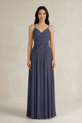 A - Line Pleated Spaghetti Strap Chiffon Bridesmaid Dress in Dusk Blue - KissProm Bridesmaid Dresses