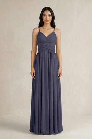 A - Line Pleated Spaghetti Strap Chiffon Bridesmaid Dress in Dusk Blue - KissProm Bridesmaid Dresses