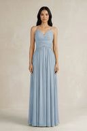 A - Line Pleated Spaghetti Strap Chiffon Bridesmaid Dress in Dusty Blue - KissProm Bridesmaid Dresses