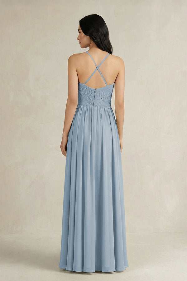 A - Line Pleated Spaghetti Strap Chiffon Bridesmaid Dress in Dusty Blue - KissProm Bridesmaid Dresses
