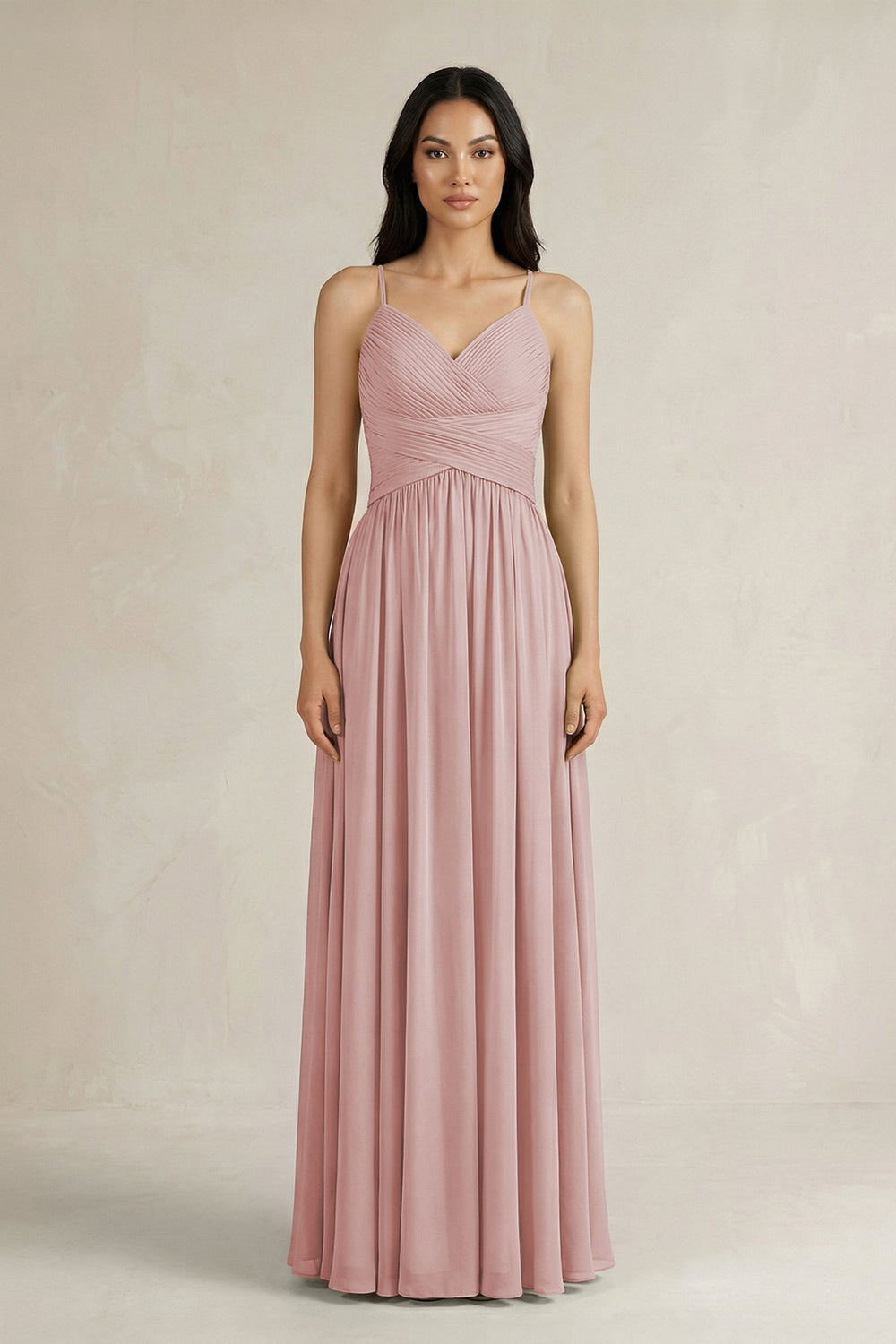 A - Line Pleated Spaghetti Strap Chiffon Bridesmaid Dress in Dusty Rose - KissProm Bridesmaid Dresses
