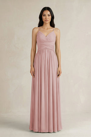 A - Line Pleated Spaghetti Strap Chiffon Bridesmaid Dress in Dusty Rose - KissProm Bridesmaid Dresses