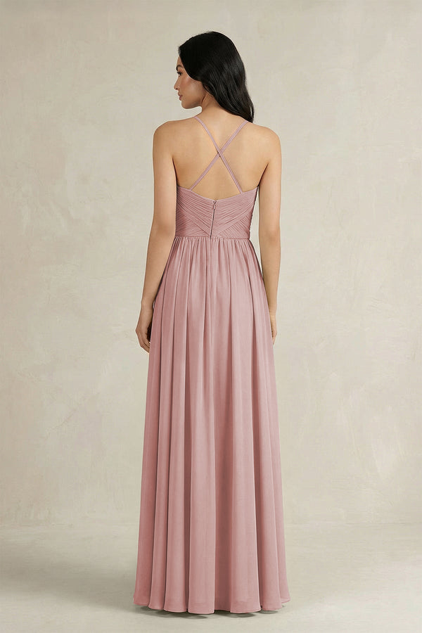 A - Line Pleated Spaghetti Strap Chiffon Bridesmaid Dress in Dusty Rose - KissProm Bridesmaid Dresses