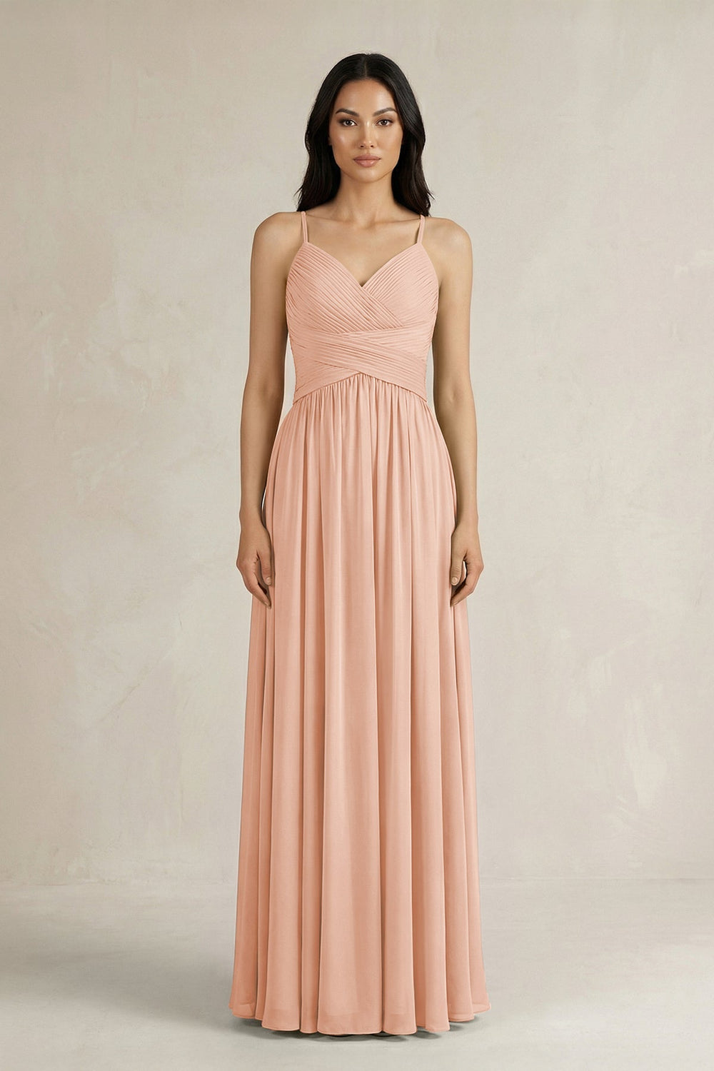 A - Line Pleated Spaghetti Strap Chiffon Bridesmaid Dress in English Rose - KissProm Bridesmaid Dresses
