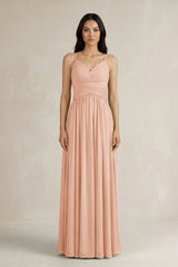 A - Line Pleated Spaghetti Strap Chiffon Bridesmaid Dress in English Rose - KissProm Bridesmaid Dresses