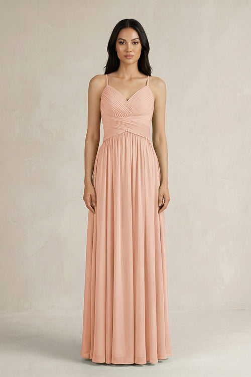 A - Line Pleated Spaghetti Strap Chiffon Bridesmaid Dress in English Rose - KissProm Bridesmaid Dresses