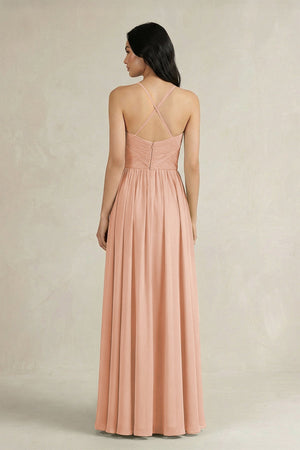 A - Line Pleated Spaghetti Strap Chiffon Bridesmaid Dress in English Rose - KissProm Bridesmaid Dresses