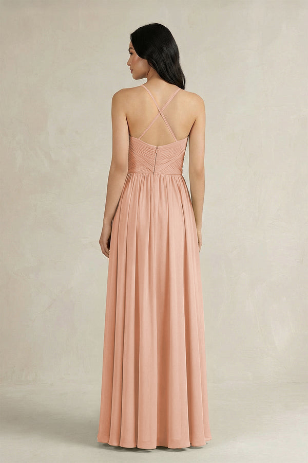 A - Line Pleated Spaghetti Strap Chiffon Bridesmaid Dress in English Rose - KissProm Bridesmaid Dresses