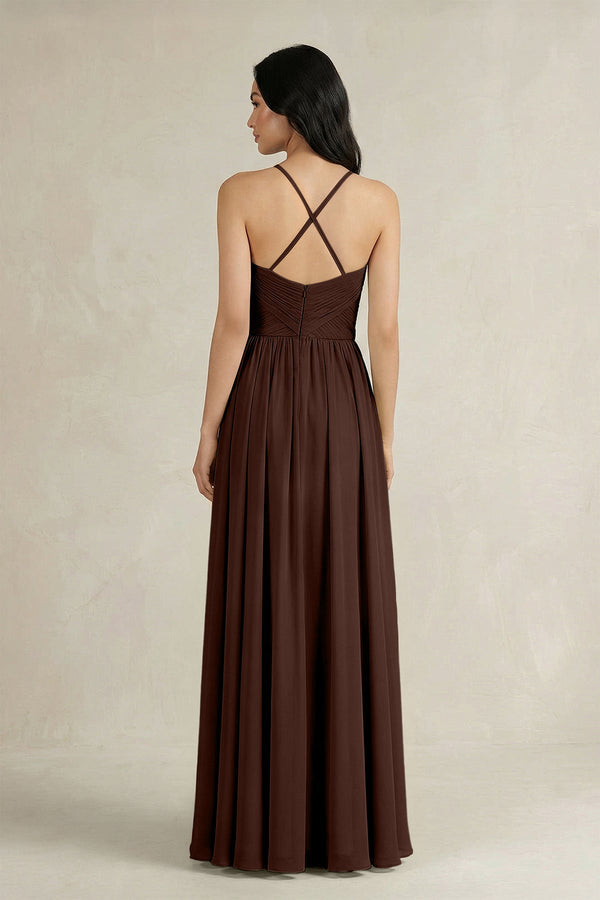 A - Line Pleated Spaghetti Strap Chiffon Bridesmaid Dress in Espresso - KissProm Bridesmaid Dresses