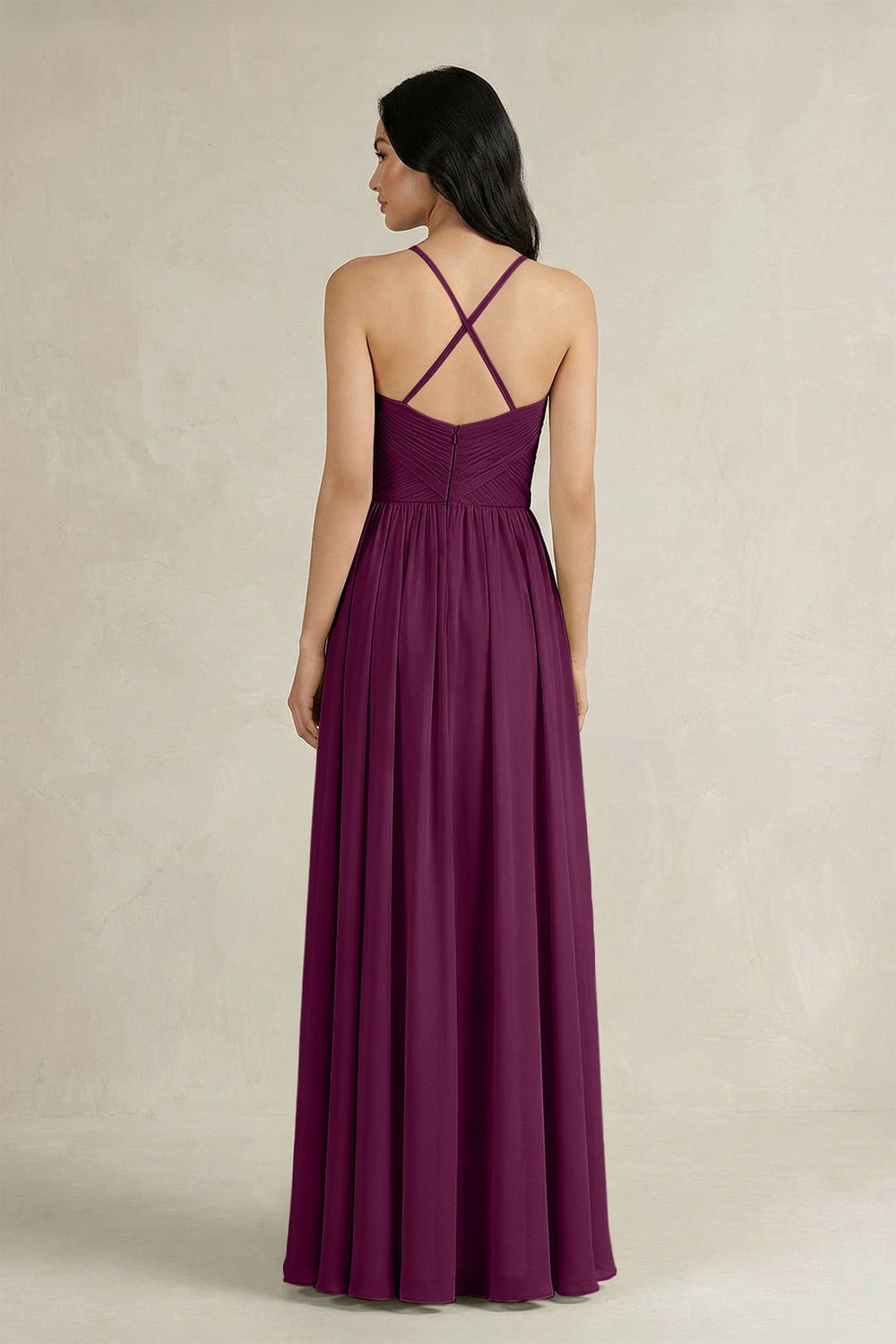 A - Line Pleated Spaghetti Strap Chiffon Bridesmaid Dress in Fig - KissProm Bridesmaid Dresses