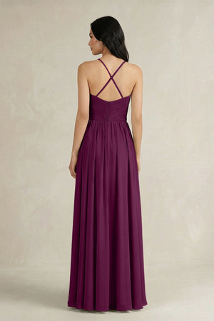 A - Line Pleated Spaghetti Strap Chiffon Bridesmaid Dress in Fig - KissProm Bridesmaid Dresses