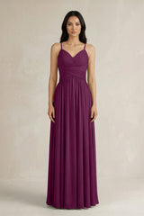 A - Line Pleated Spaghetti Strap Chiffon Bridesmaid Dress in Fig - KissProm Bridesmaid Dresses