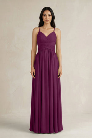 A - Line Pleated Spaghetti Strap Chiffon Bridesmaid Dress in Fig - KissProm Bridesmaid Dresses