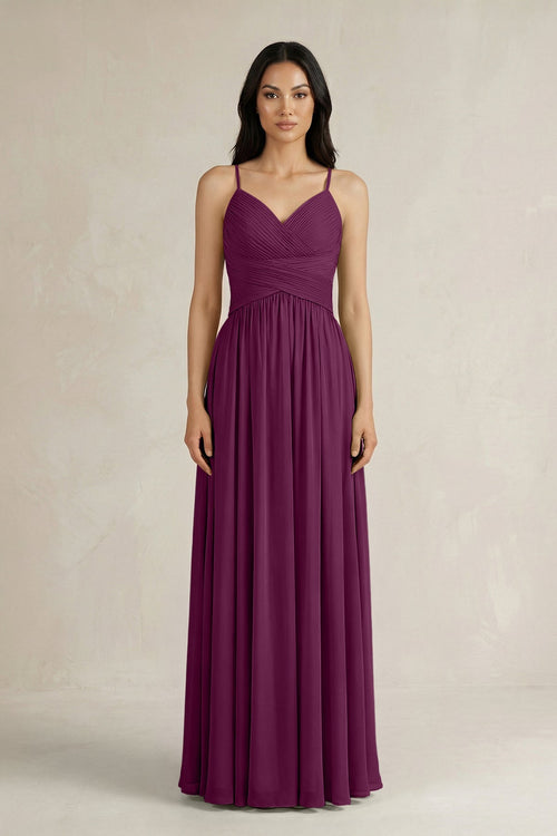 A - Line Pleated Spaghetti Strap Chiffon Bridesmaid Dress in Fig - KissProm Bridesmaid Dresses
