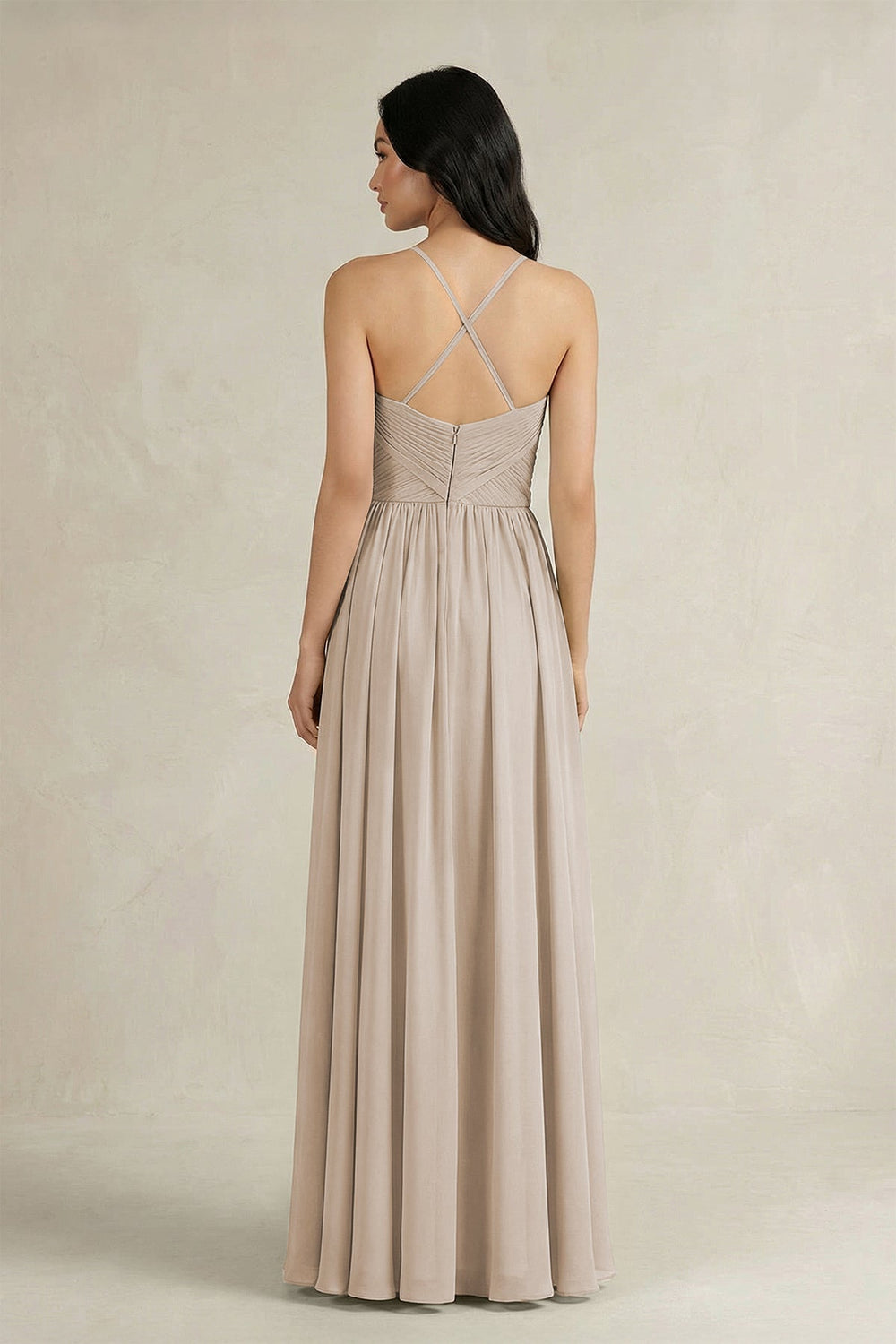 A - Line Pleated Spaghetti Strap Chiffon Bridesmaid Dress in Frost - KissProm Bridesmaid Dresses