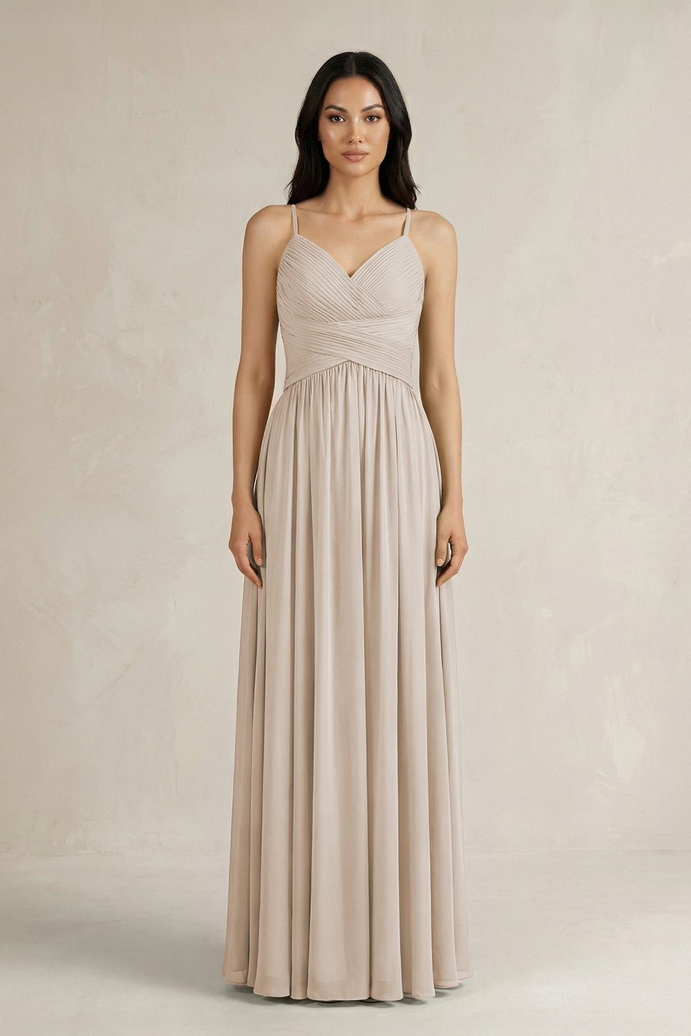 A - Line Pleated Spaghetti Strap Chiffon Bridesmaid Dress in Frost - KissProm Bridesmaid Dresses
