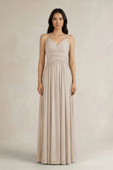 A - Line Pleated Spaghetti Strap Chiffon Bridesmaid Dress in Frost - KissProm Bridesmaid Dresses