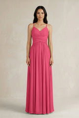 A - Line Pleated Spaghetti Strap Chiffon Bridesmaid Dress in Fuchsia - KissProm Bridesmaid Dresses