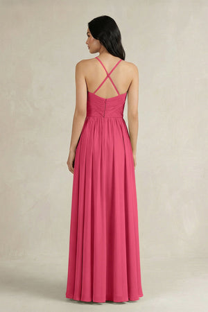 A - Line Pleated Spaghetti Strap Chiffon Bridesmaid Dress in Fuchsia - KissProm Bridesmaid Dresses