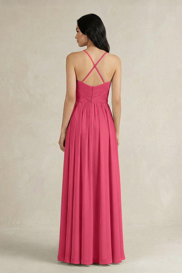 A - Line Pleated Spaghetti Strap Chiffon Bridesmaid Dress in Fuchsia - KissProm Bridesmaid Dresses
