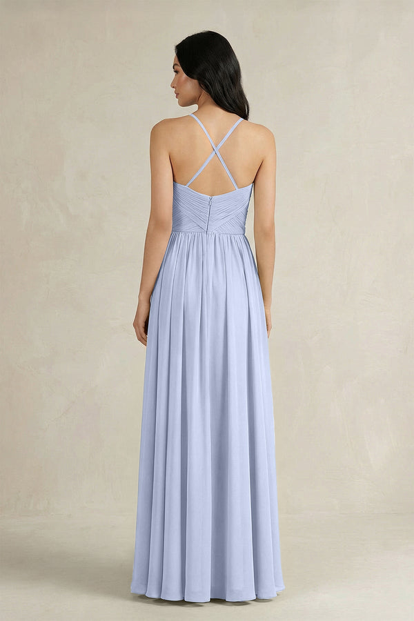 A - Line Pleated Spaghetti Strap Chiffon Bridesmaid Dress in Ice - KissProm Bridesmaid Dresses