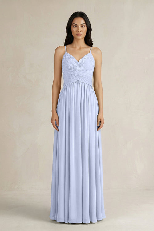 A - Line Pleated Spaghetti Strap Chiffon Bridesmaid Dress in Ice - KissProm Bridesmaid Dresses