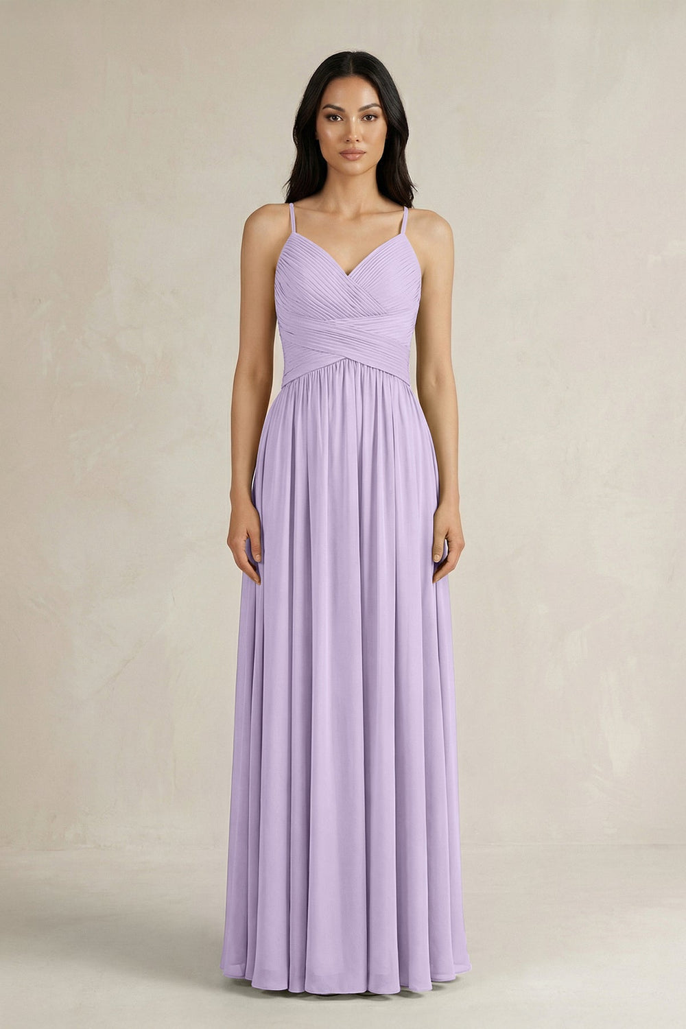 A - Line Pleated Spaghetti Strap Chiffon Bridesmaid Dress in Lavender - KissProm Bridesmaid Dresses