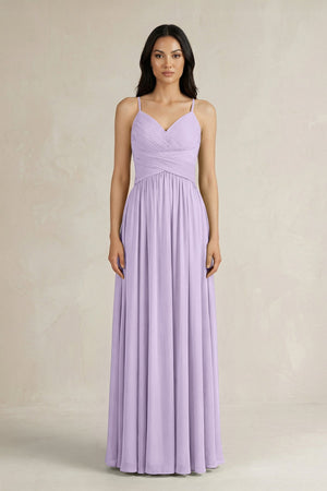 A - Line Pleated Spaghetti Strap Chiffon Bridesmaid Dress in Lavender - KissProm Bridesmaid Dresses
