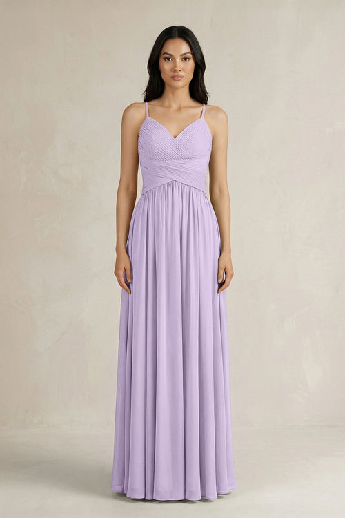 A - Line Pleated Spaghetti Strap Chiffon Bridesmaid Dress in Lavender - KissProm Bridesmaid Dresses