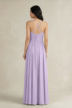 A - Line Pleated Spaghetti Strap Chiffon Bridesmaid Dress in Lavender - KissProm Bridesmaid Dresses