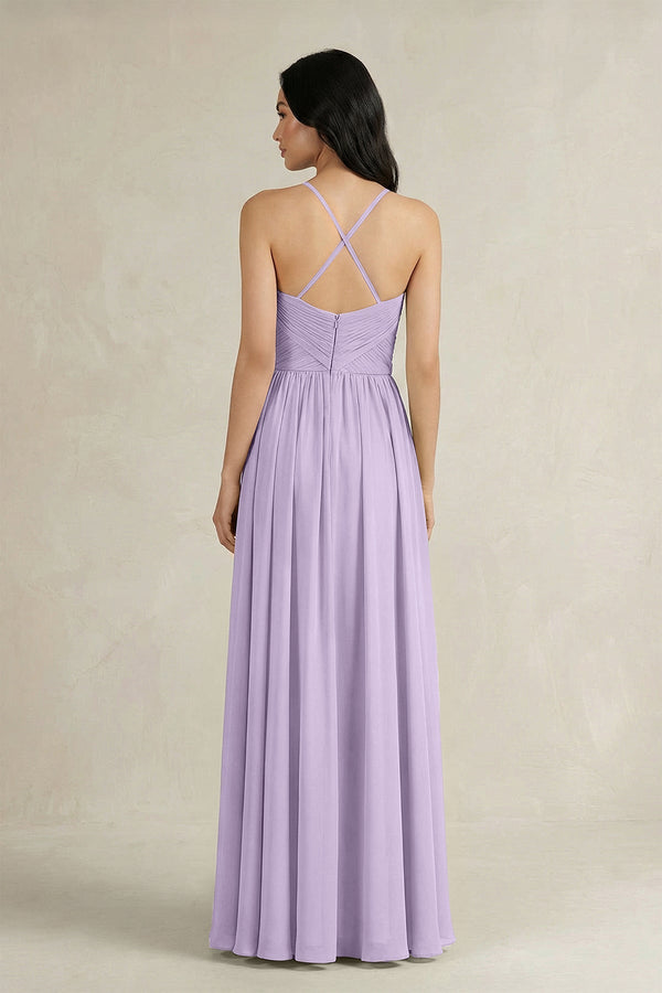 A - Line Pleated Spaghetti Strap Chiffon Bridesmaid Dress in Lavender - KissProm Bridesmaid Dresses