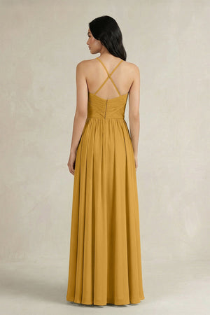 A - Line Pleated Spaghetti Strap Chiffon Bridesmaid Dress in Marigold - KissProm Bridesmaid Dresses