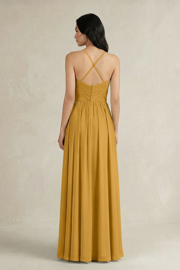 A - Line Pleated Spaghetti Strap Chiffon Bridesmaid Dress in Marigold - KissProm Bridesmaid Dresses