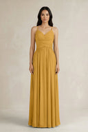 A - Line Pleated Spaghetti Strap Chiffon Bridesmaid Dress in Marigold - KissProm Bridesmaid Dresses