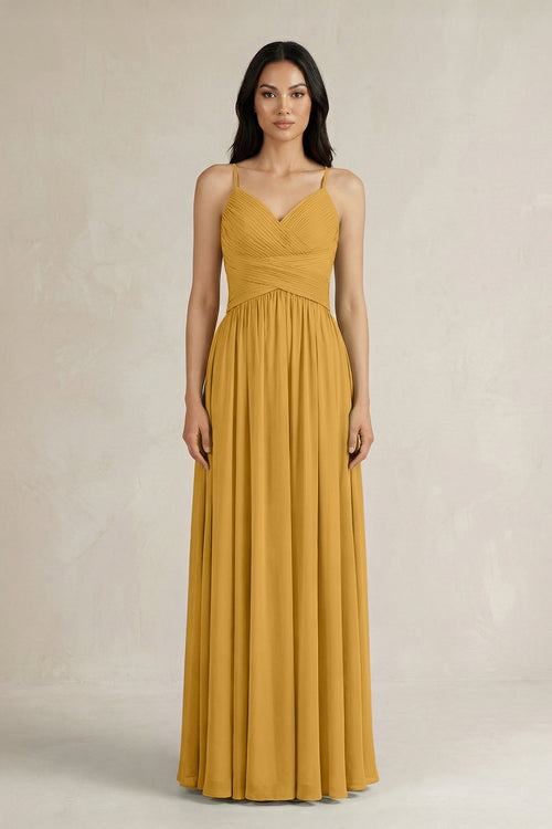 A - Line Pleated Spaghetti Strap Chiffon Bridesmaid Dress in Marigold - KissProm Bridesmaid Dresses