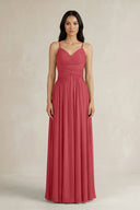 A - Line Pleated Spaghetti Strap Chiffon Bridesmaid Dress in Merlot - KissProm Bridesmaid Dresses